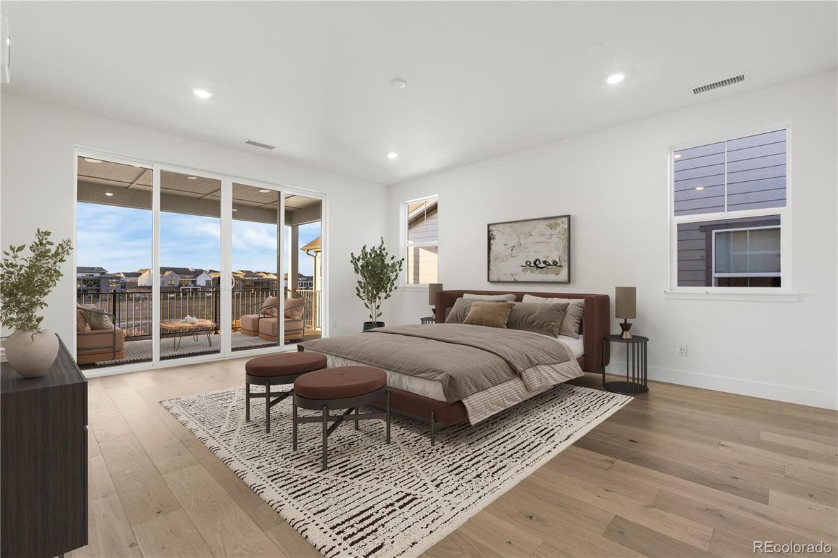 Bedroom, Interior, Recessed Lighting, Wood Texture Flooring