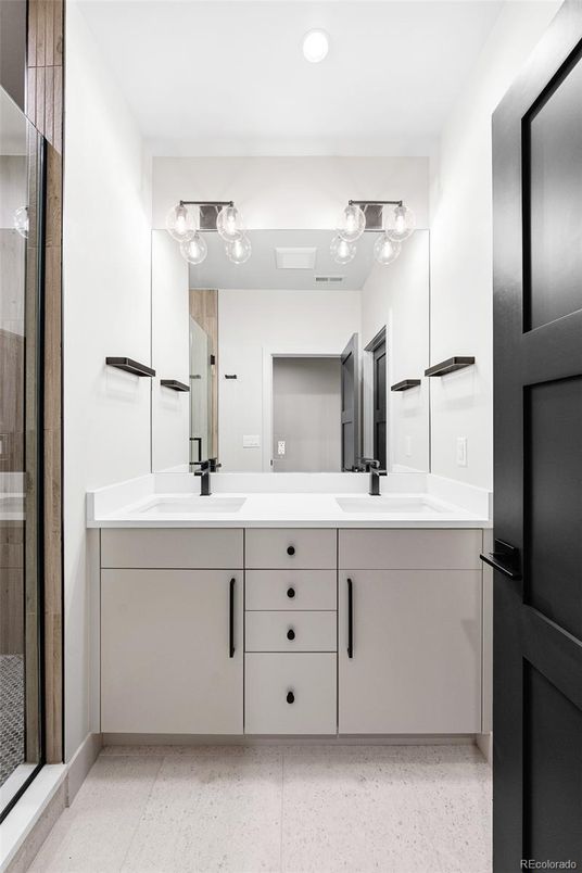 Bathroom, Dual Sink Vanities, Glass Shower, Interior, Recessed Lighting