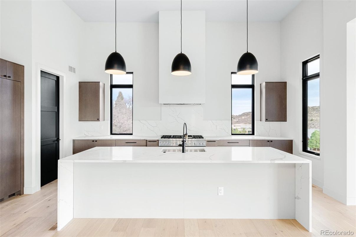 Interior, Kitchen, Marble Walls, Pendant Lights, Wood Texture Flooring