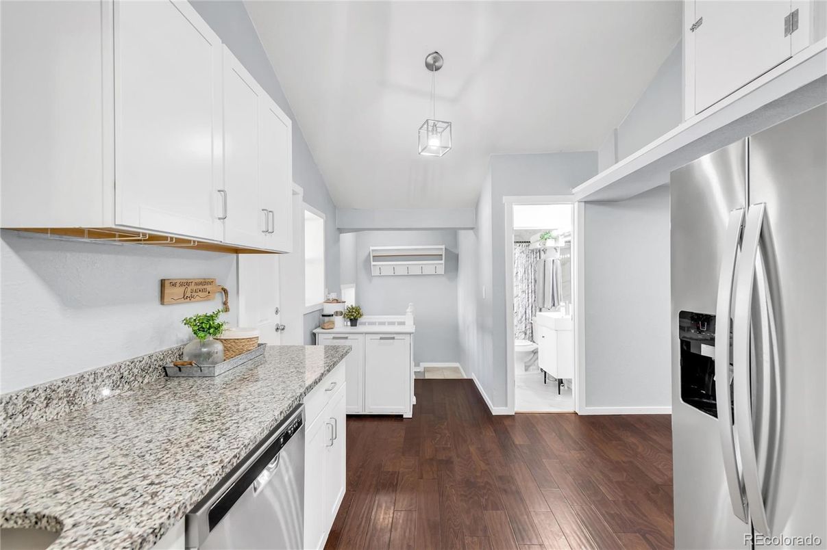 Interior, Kitchen, Pendant Lights, Stainless Steel Appliances, Wood Texture Flooring