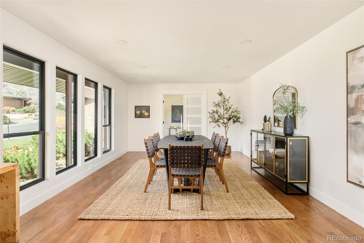 Dining room, Interior, Recessed Lighting, Wood Texture Flooring