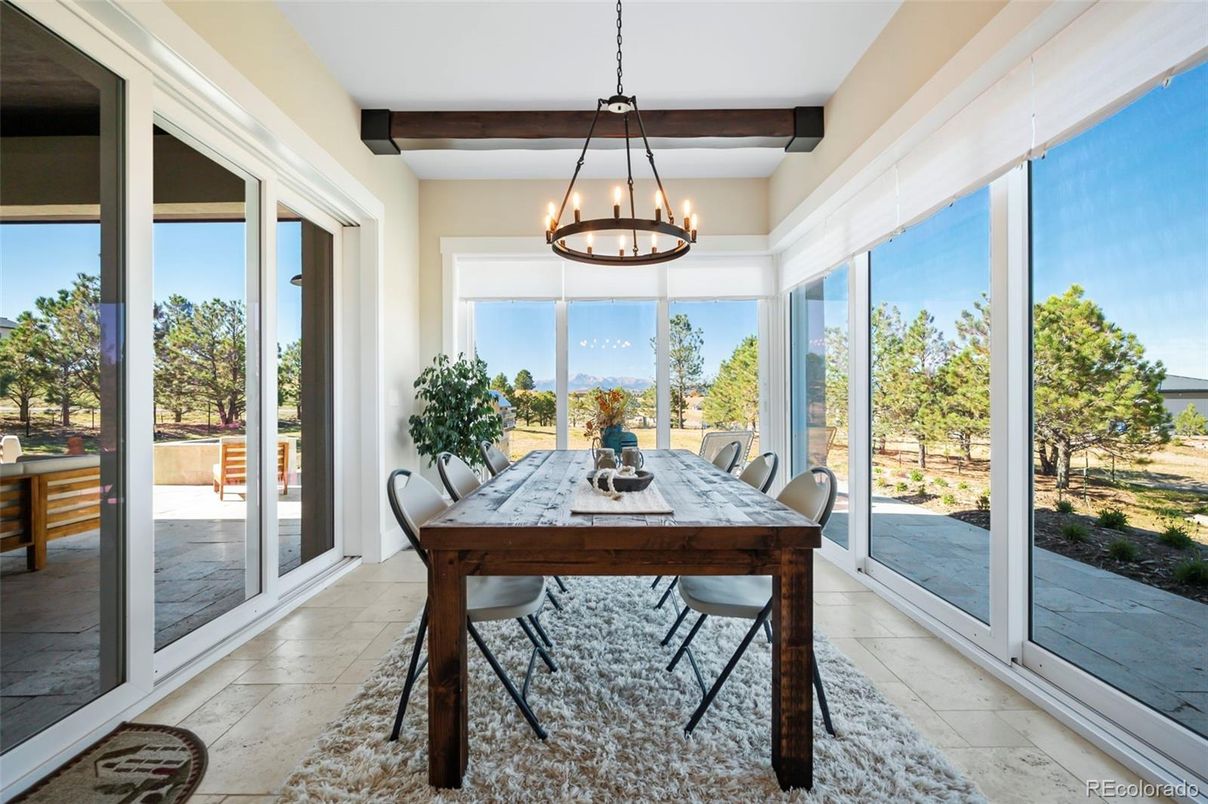 Chandelier, Dining room, Interior, Pendant Lights, Sun Room, Wooden Beams