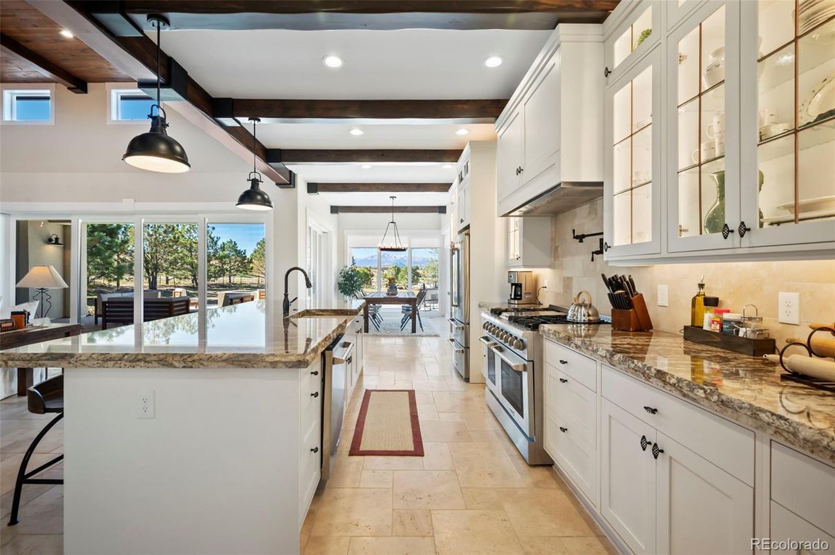 Dining room, Interior, Kitchen, Pendant Lights, Recessed Lighting, Stainless Steel Appliances, Wooden Beams