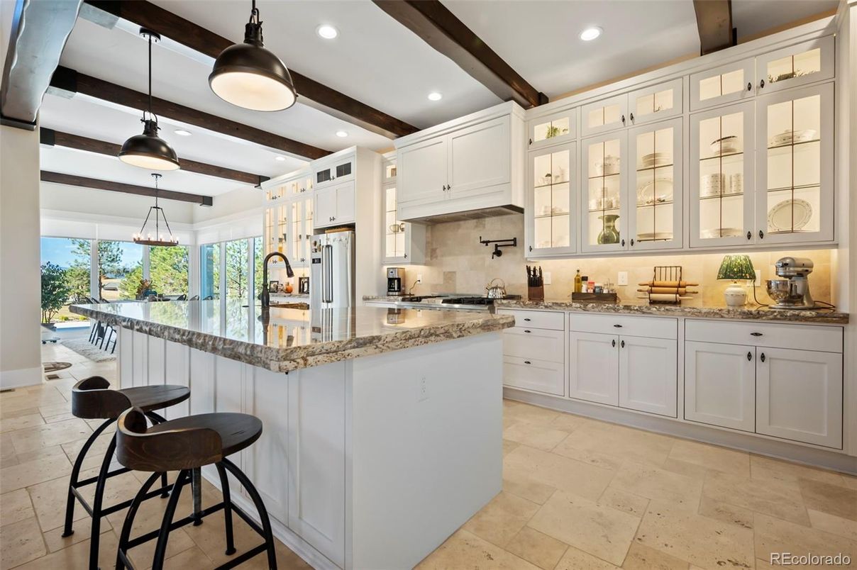Interior, Kitchen, Pendant Lights, Recessed Lighting, Stainless Steel Appliances, Wooden Beams