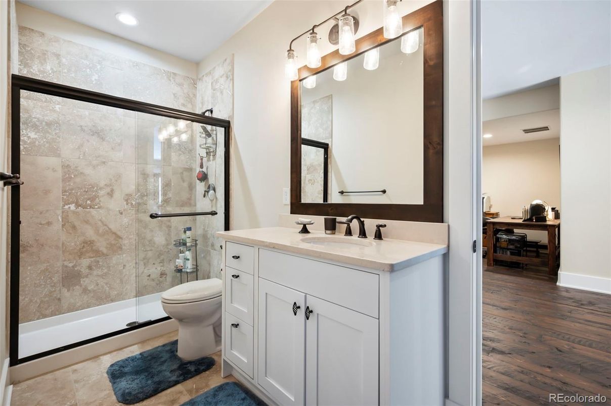 Bathroom, Glass Shower, Interior, Recessed Lighting, Wood Texture Flooring