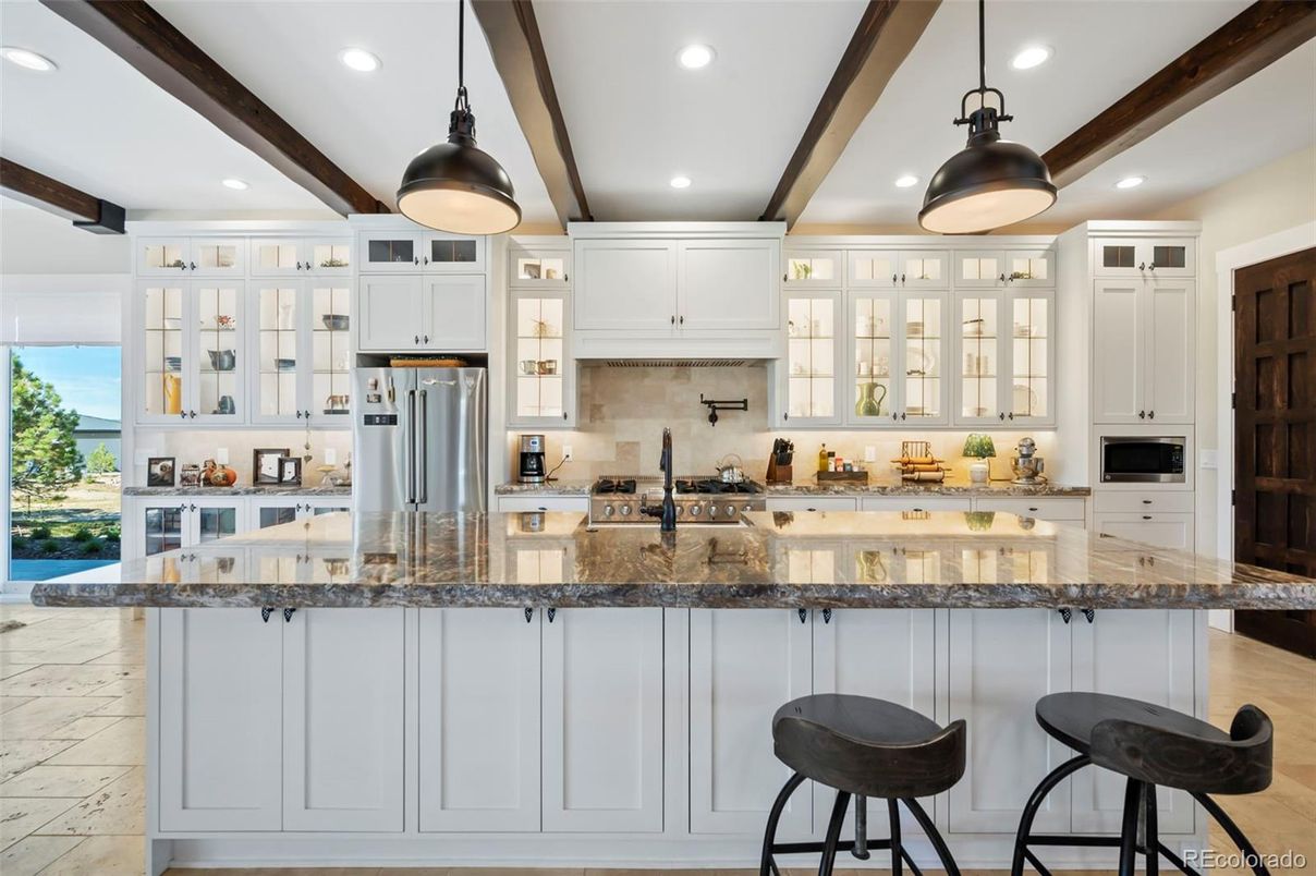 Interior, Kitchen, Pendant Lights, Recessed Lighting, Stainless Steel Appliances, Wooden Beams