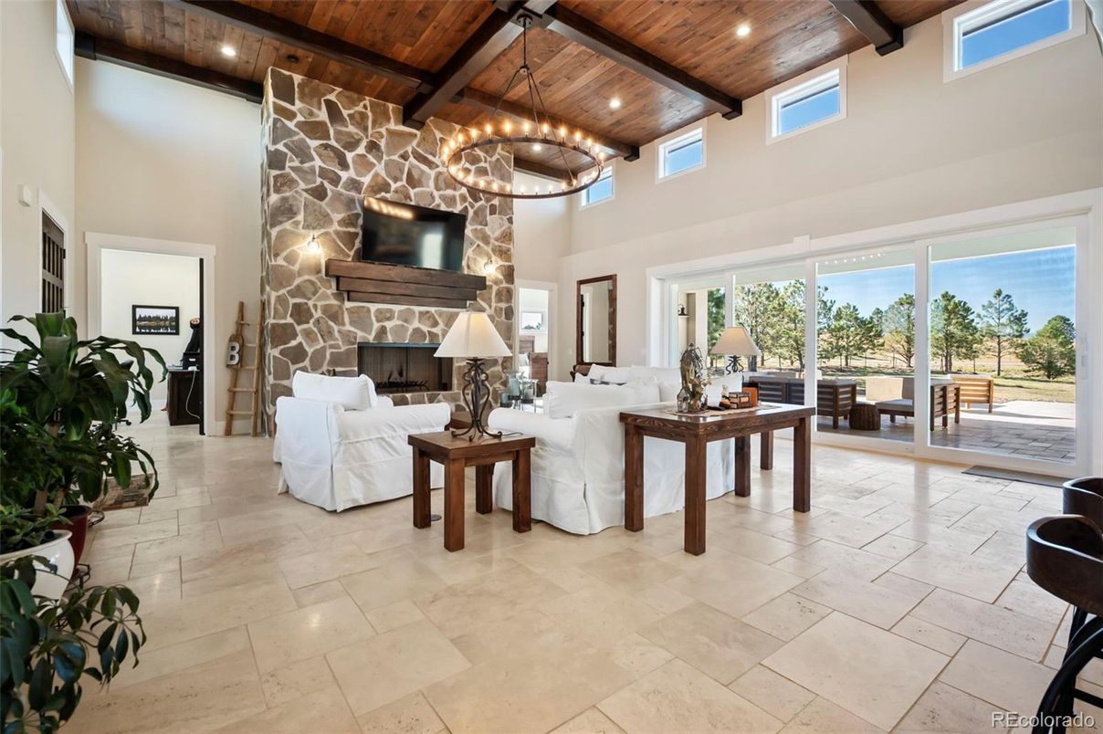 Chandelier, Fireplace, Interior, Living room, Recessed Lighting, Wooden Beams, Wooden Ceilings