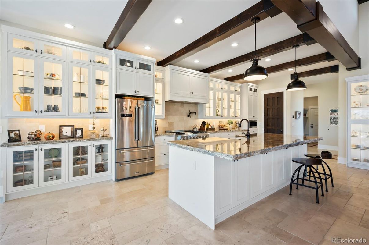 Interior, Kitchen, Pendant Lights, Recessed Lighting, Stainless Steel Appliances, Wooden Beams