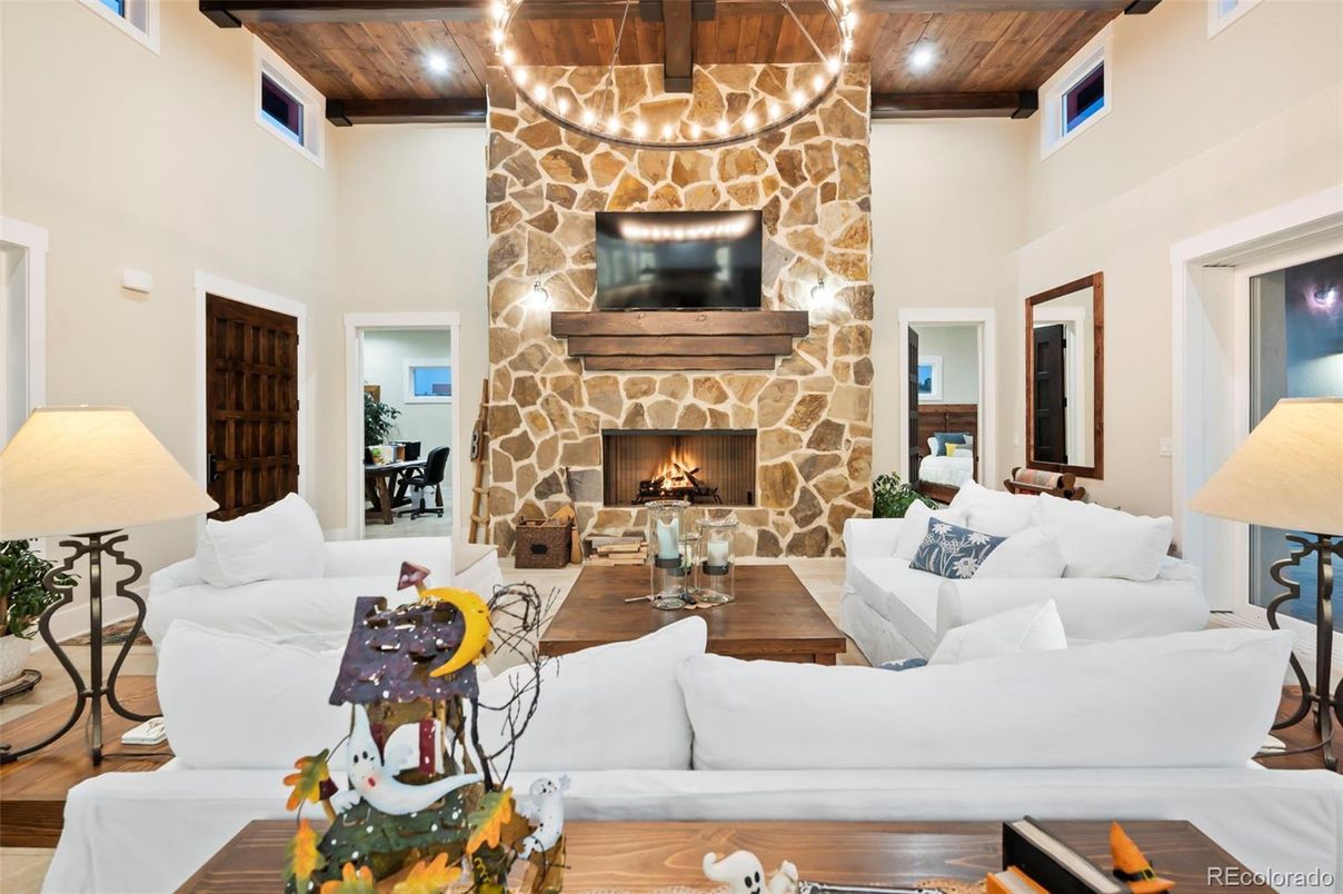 Fireplace, Interior, Living room, Recessed Lighting, Stone Walls, Wooden Beams, Wooden Ceilings, Wood Texture Flooring