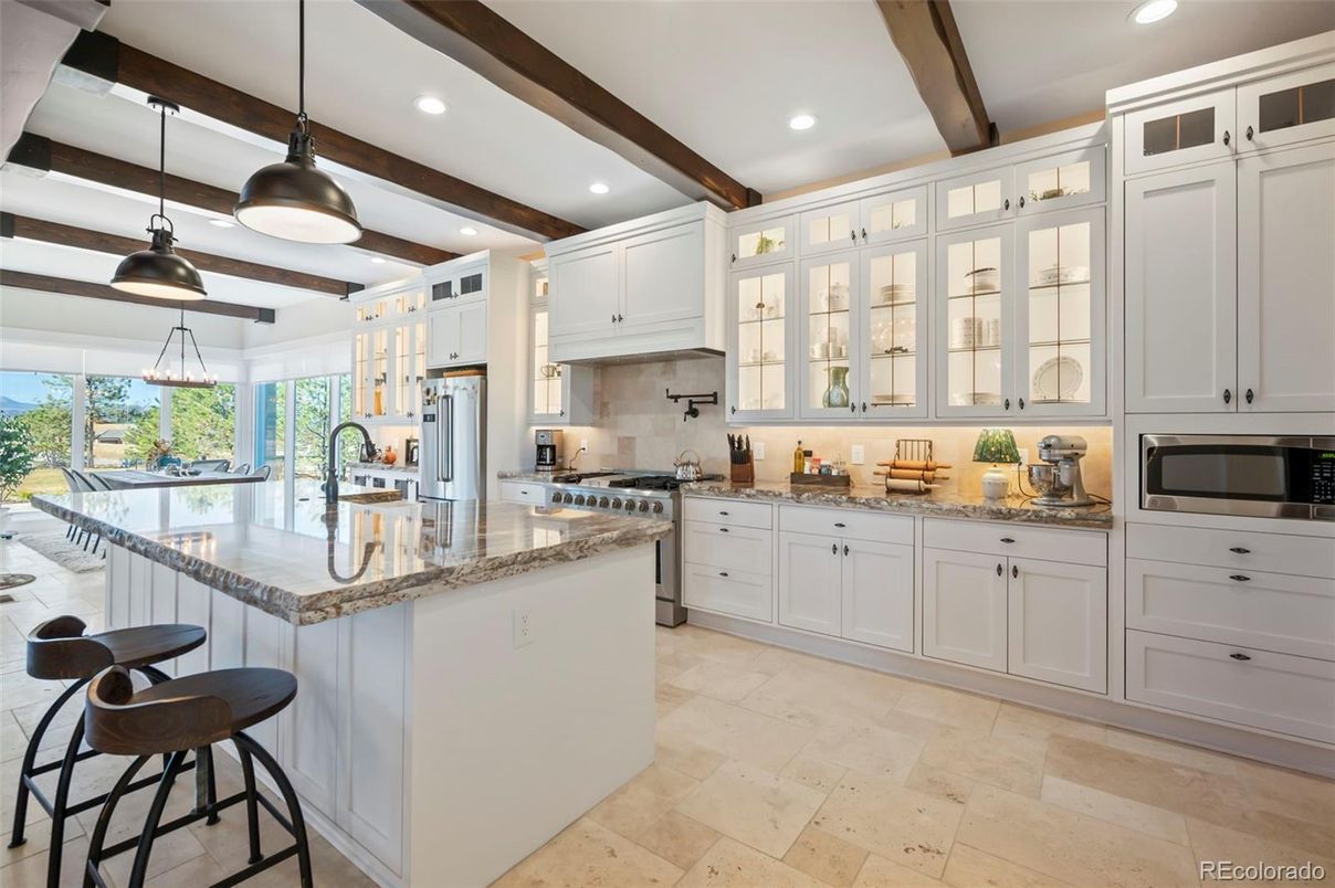 Interior, Kitchen, Pendant Lights, Recessed Lighting, Stainless Steel Appliances, Wooden Beams