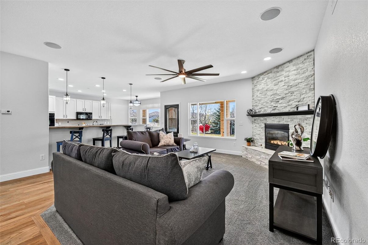 Fireplace, Interior, Kitchen, Living room, Pendant Lights, Recessed Lighting, Stone Walls, Wood Texture Flooring