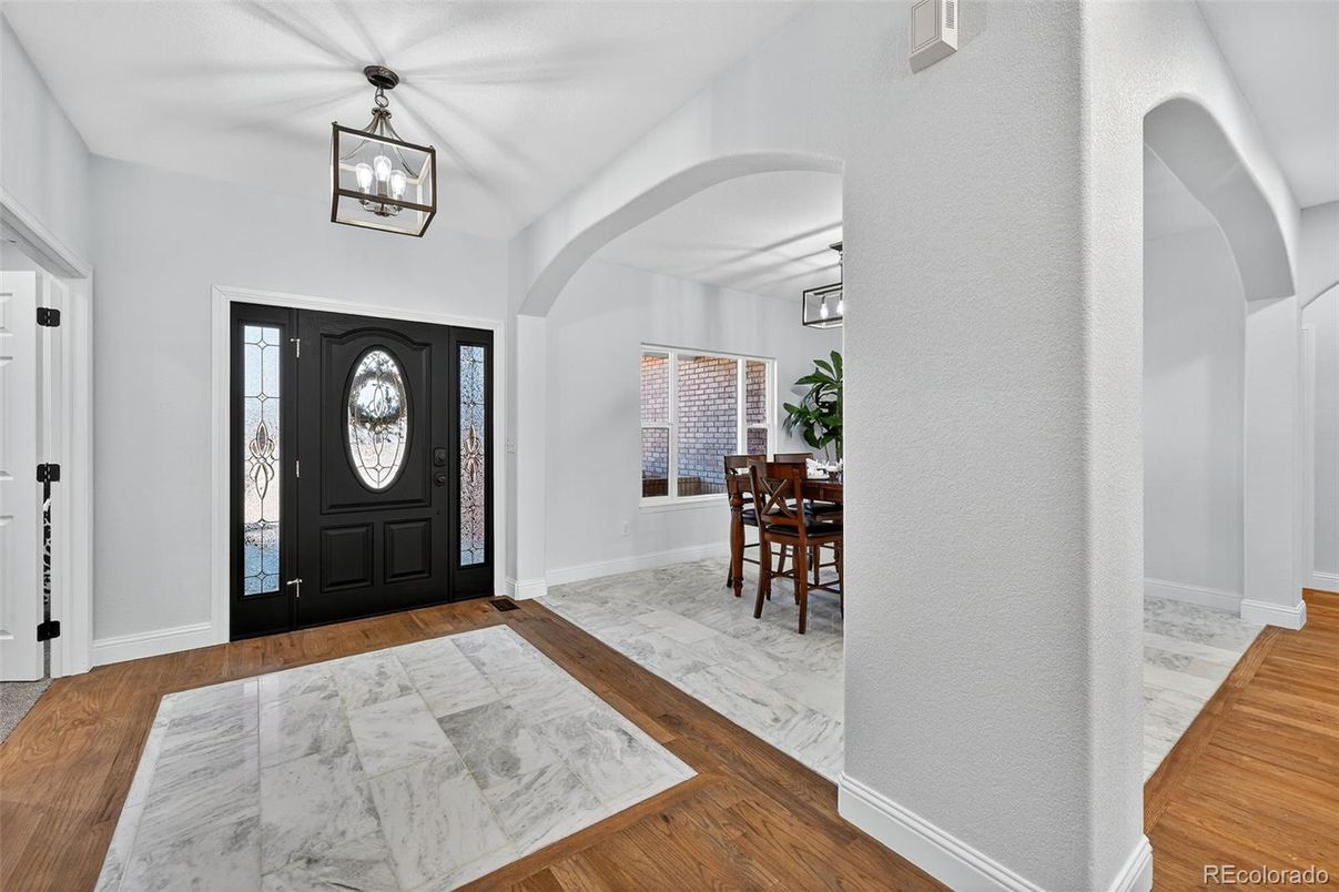 Dining room, Interior, Marble, Pendant Lights, Wood Texture Flooring