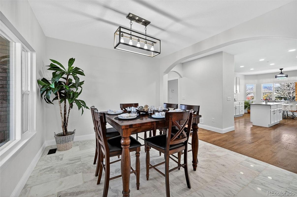 Dining room, Interior, Marble, Pendant Lights, Recessed Lighting, Wood Texture Flooring