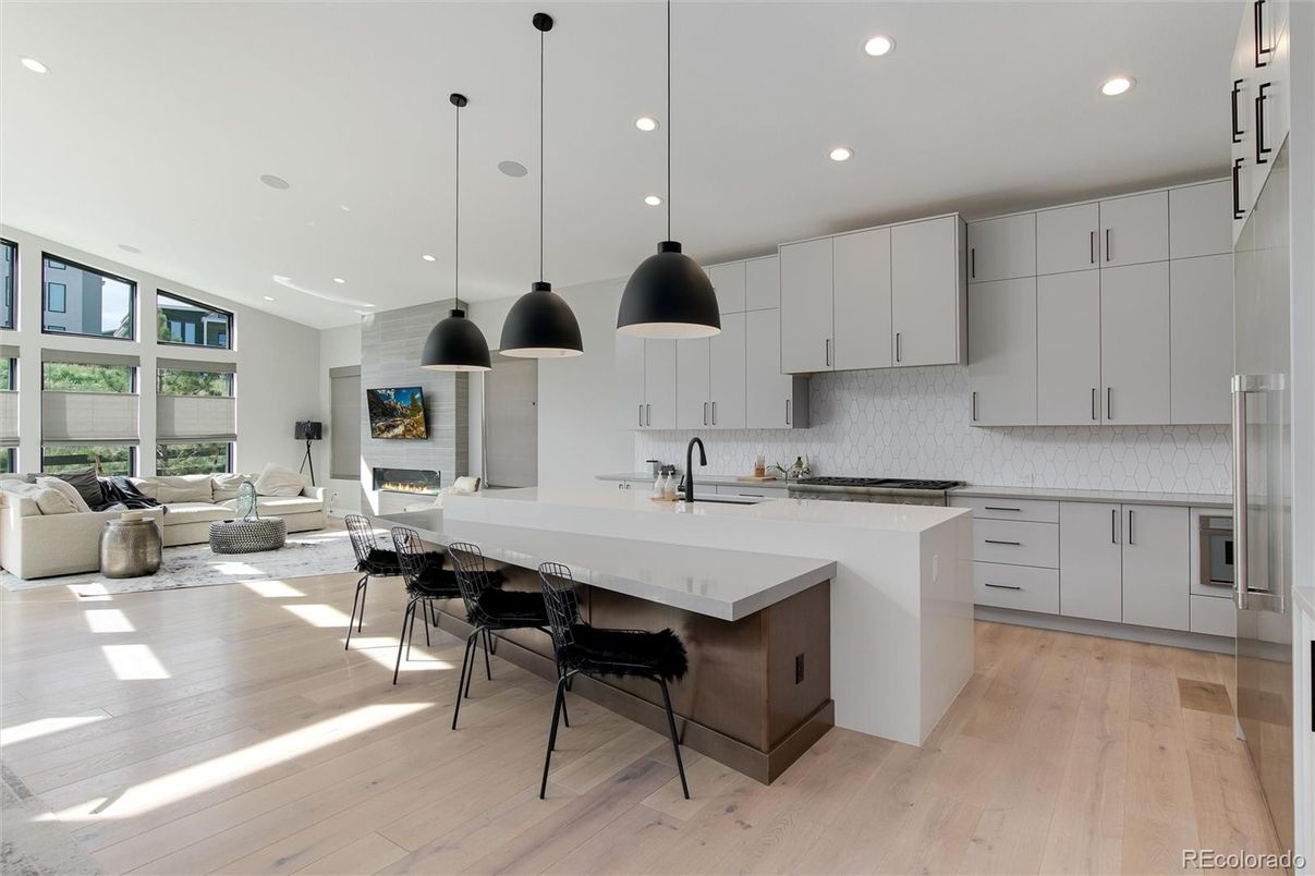 Fireplace, Interior, Kitchen, Living room, Pendant Lights, Recessed Lighting, Stainless Steel Appliances, Wood Texture Flooring