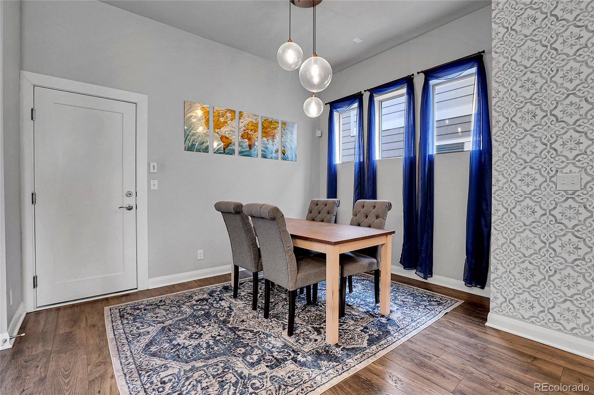 Dining room, Interior, Pendant Lights, Wood Texture Flooring
