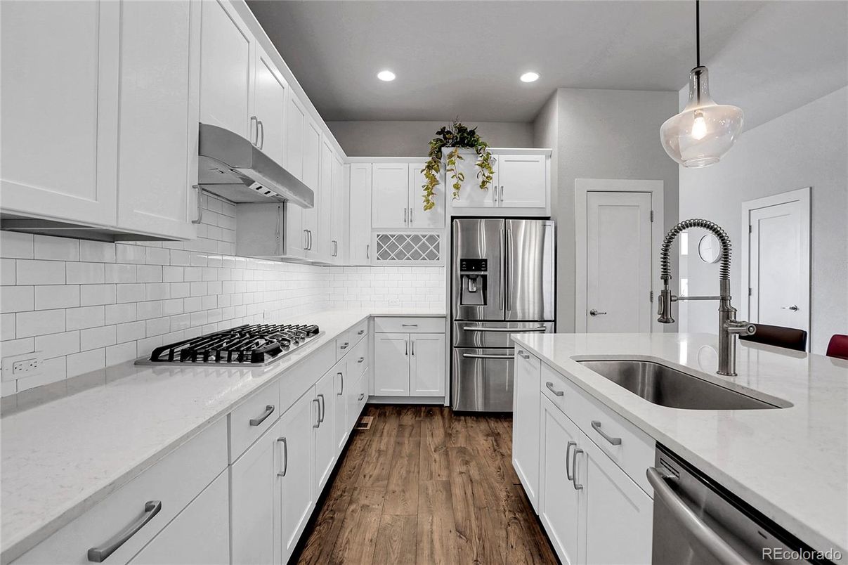 Interior, Kitchen, Pendant Lights, Recessed Lighting, Stainless Steel Appliances, Wood Texture Flooring