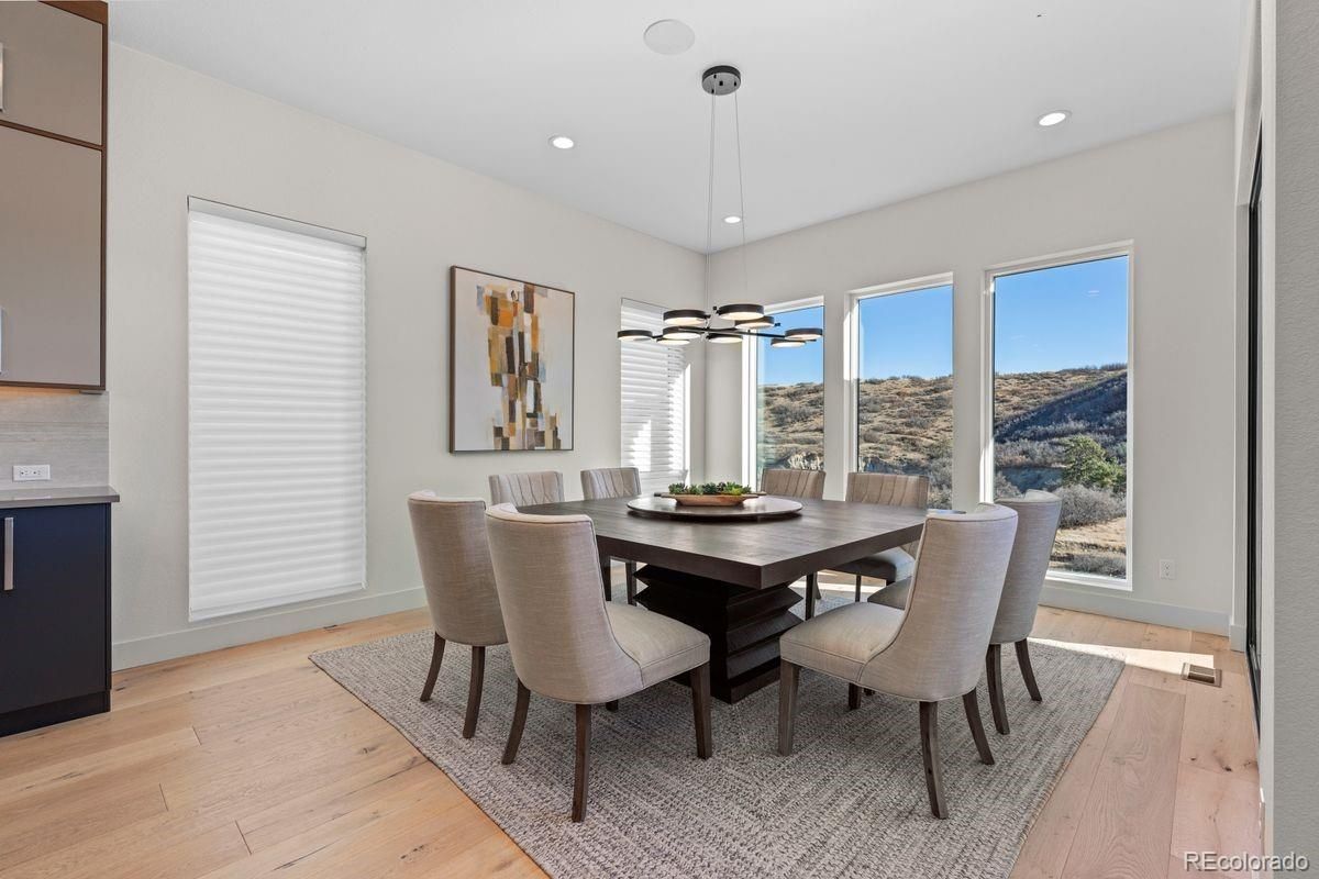 Dining room, Interior, Pendant Lights, Recessed Lighting, Wood Texture Flooring