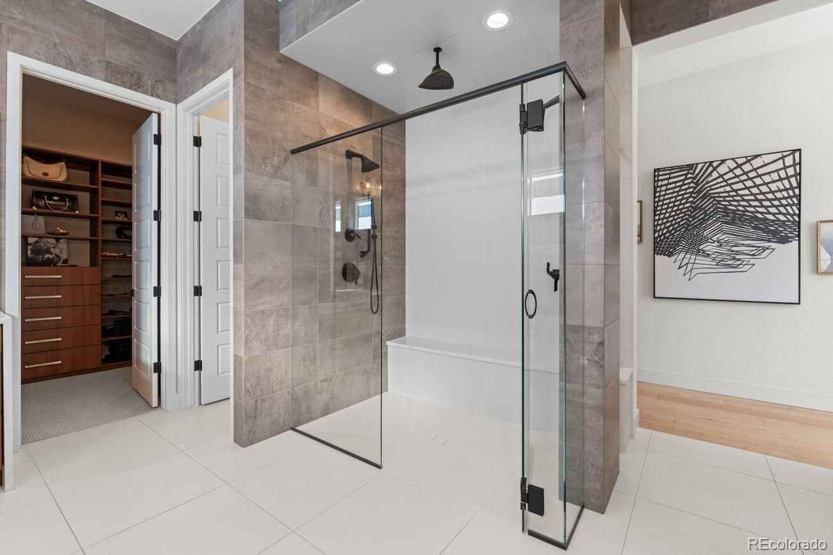Bathroom, Glass Shower, Interior, Recessed Lighting, Wood Texture Flooring
