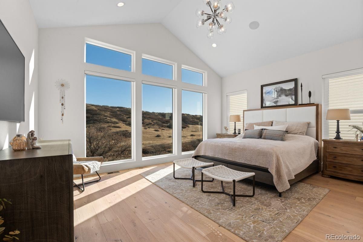 Bedroom, Interior, Pendant Lights, Recessed Lighting, Wood Texture Flooring