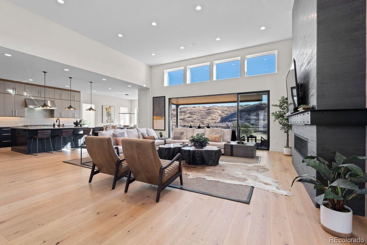 Fireplace, Interior, Kitchen, Living room, Pendant Lights, Recessed Lighting, Wood Texture Flooring