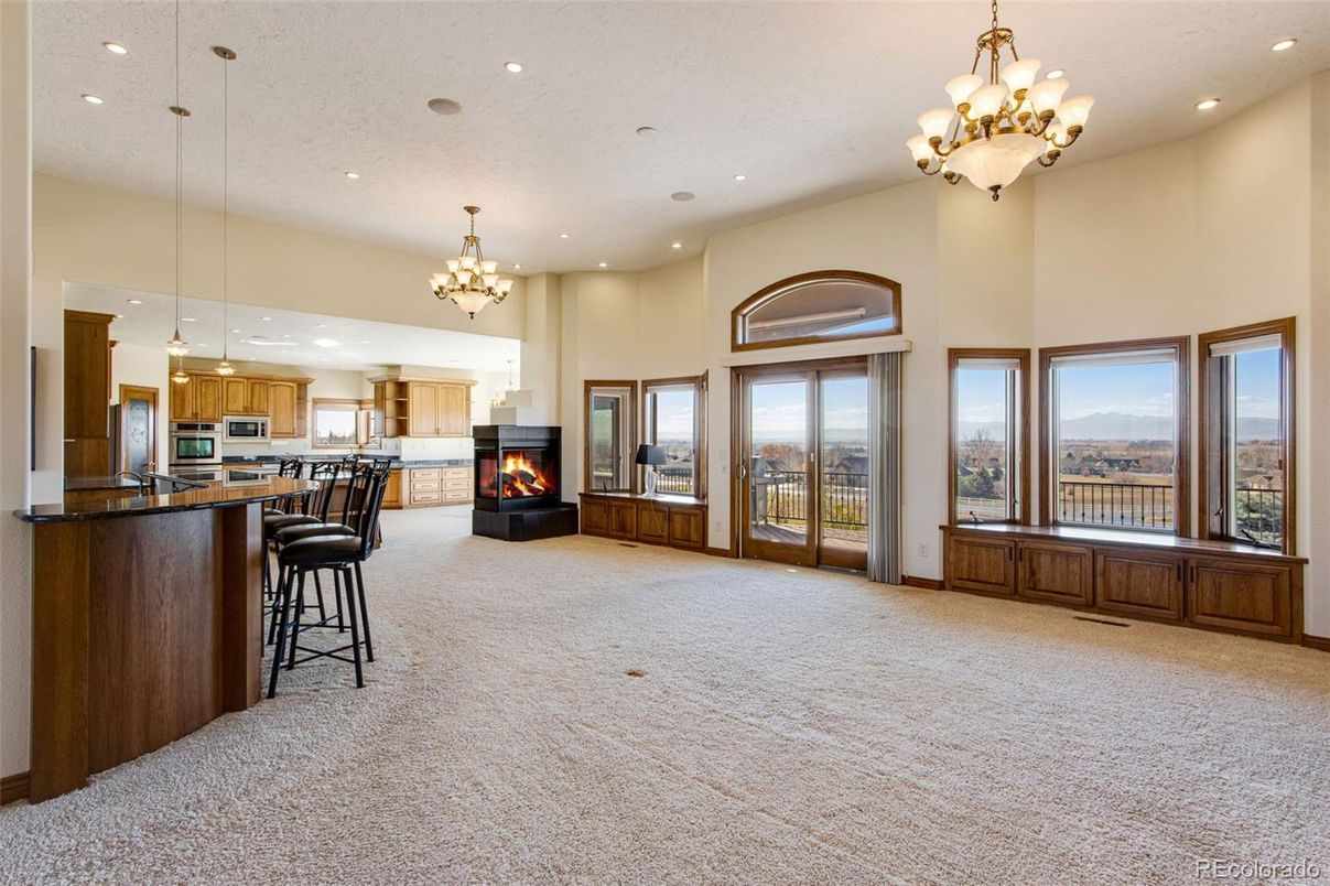 Chandelier, Empty room, Fireplace, Interior, Kitchen, Pendant Lights, Recessed Lighting