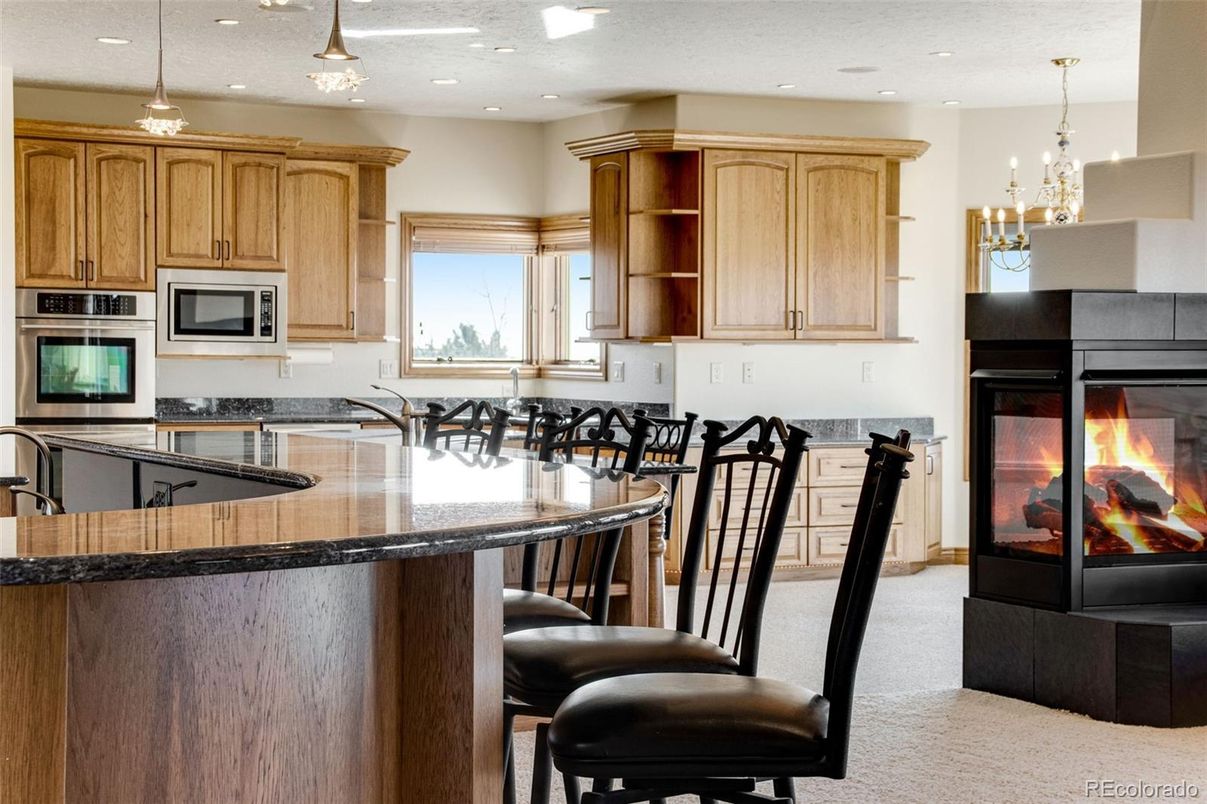 Chandelier, Fireplace, Interior, Kitchen, Pendant Lights, Recessed Lighting