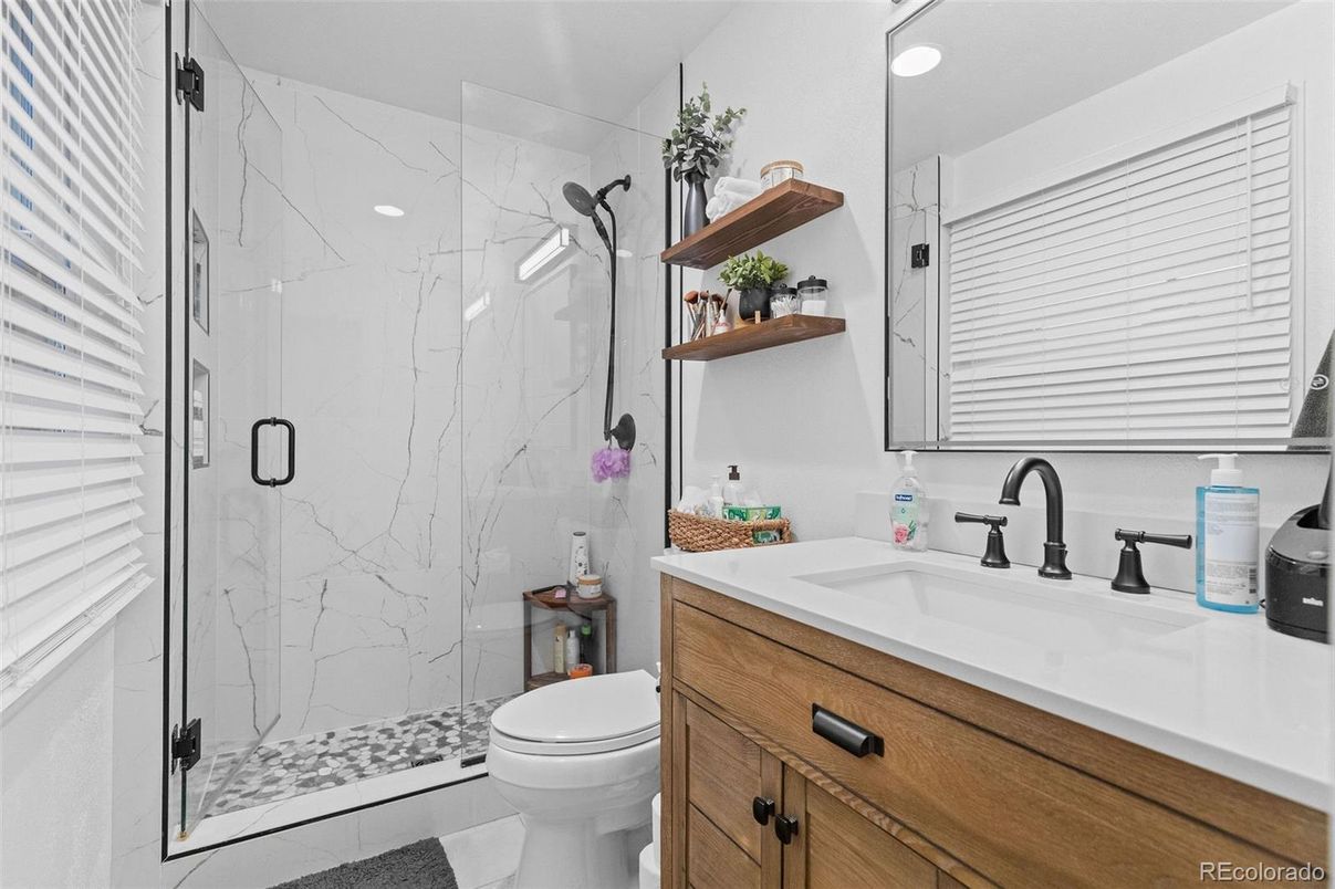Bathroom, Glass Shower, Interior, Marble Walls, Recessed Lighting