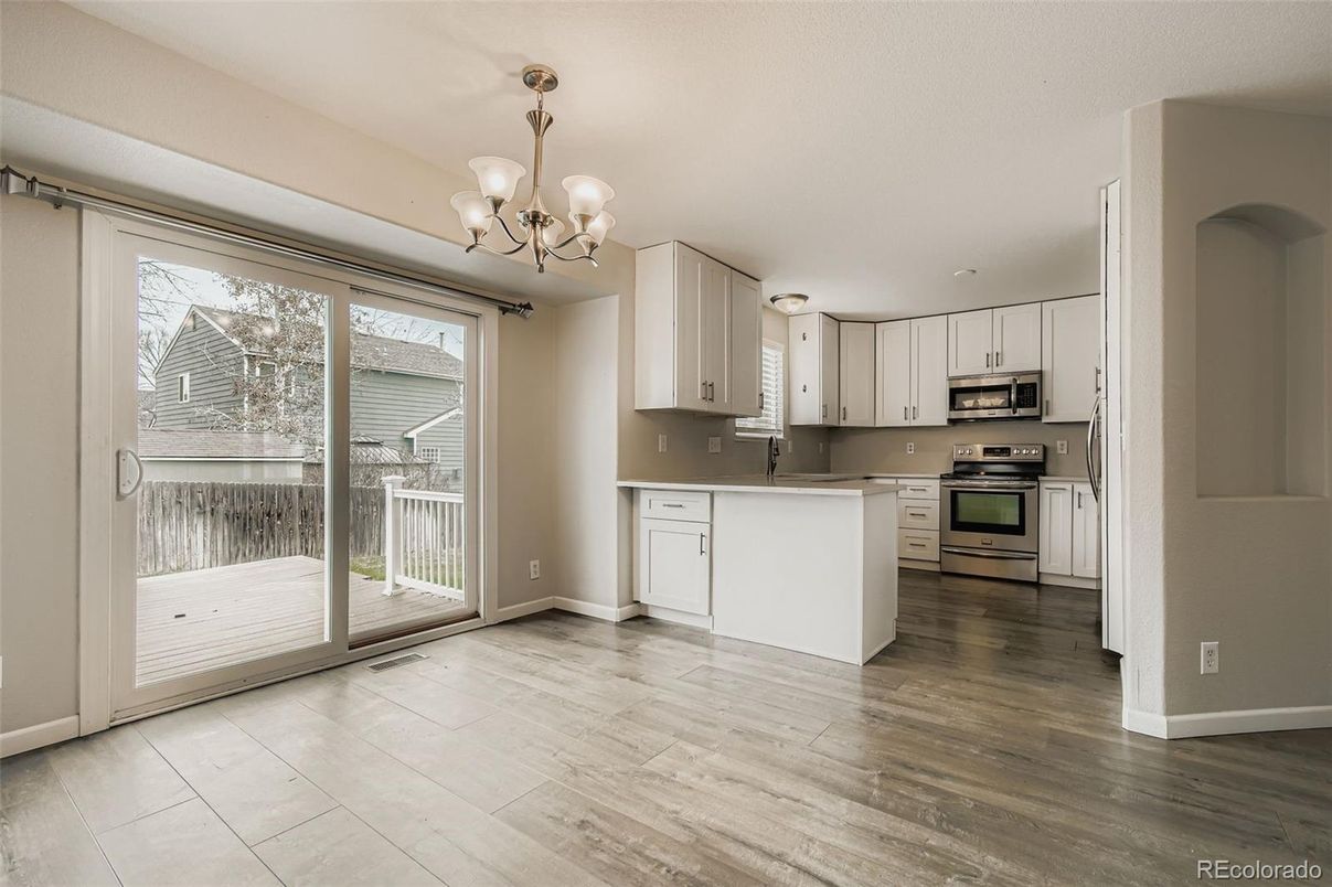 Chandelier, Interior, Kitchen, Stainless Steel Appliances, Wood Texture Flooring
