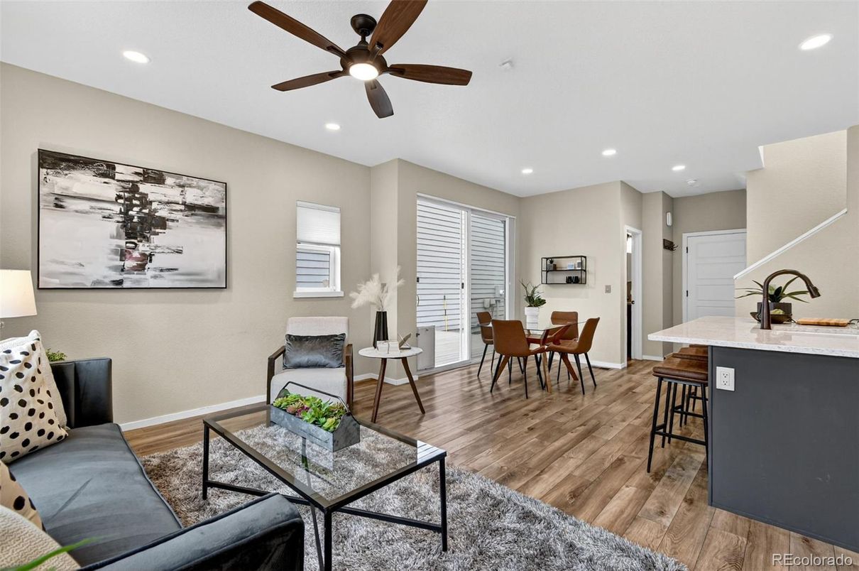 Dining room, Interior, Recessed Lighting, Wood Texture Flooring