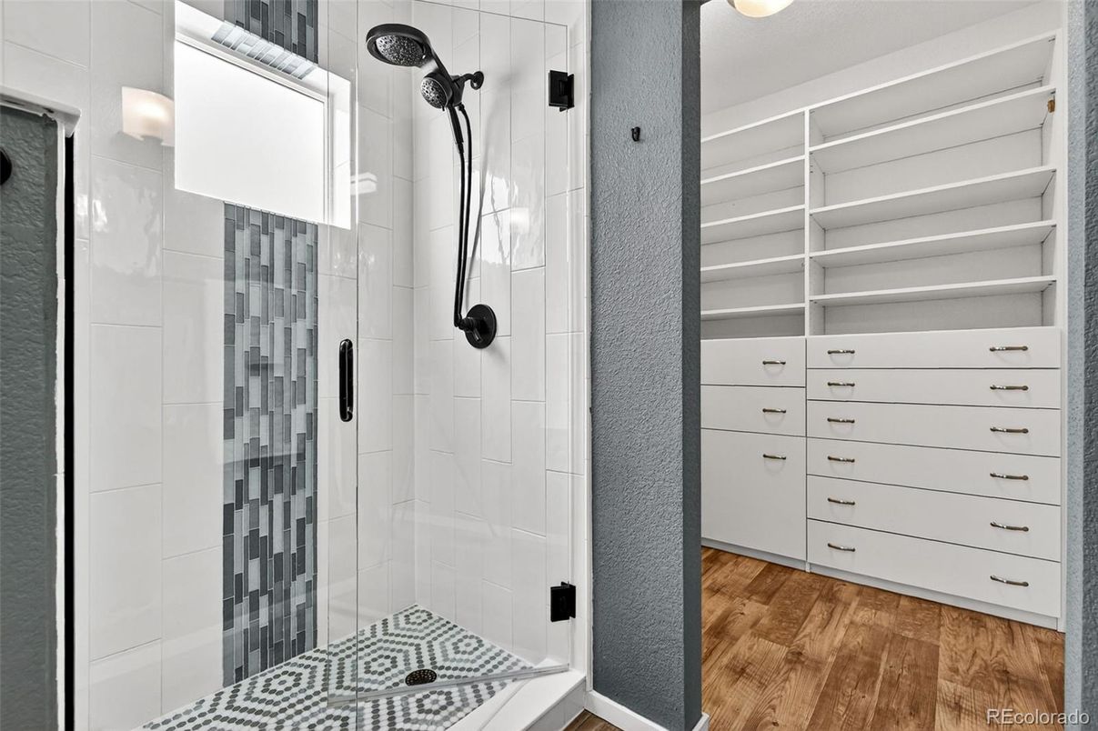 Bathroom, Glass Shower, Interior, Walk-in Closets, Wood Texture Flooring