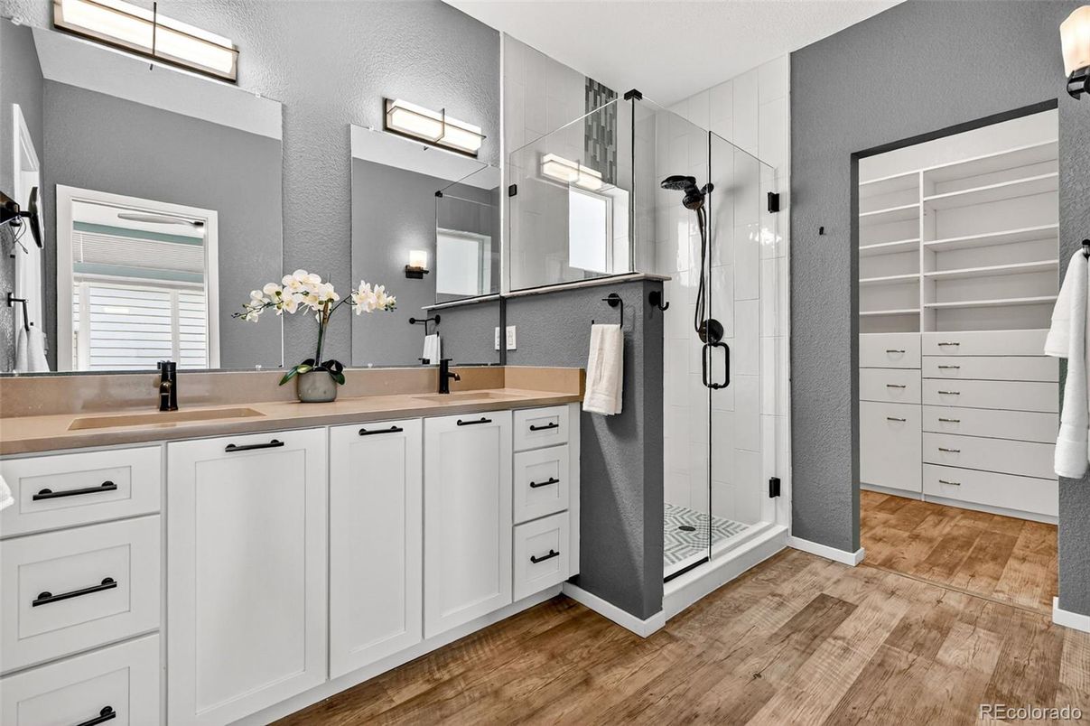Bathroom, Dual Sink Vanities, Glass Shower, Interior, Wood Texture Flooring