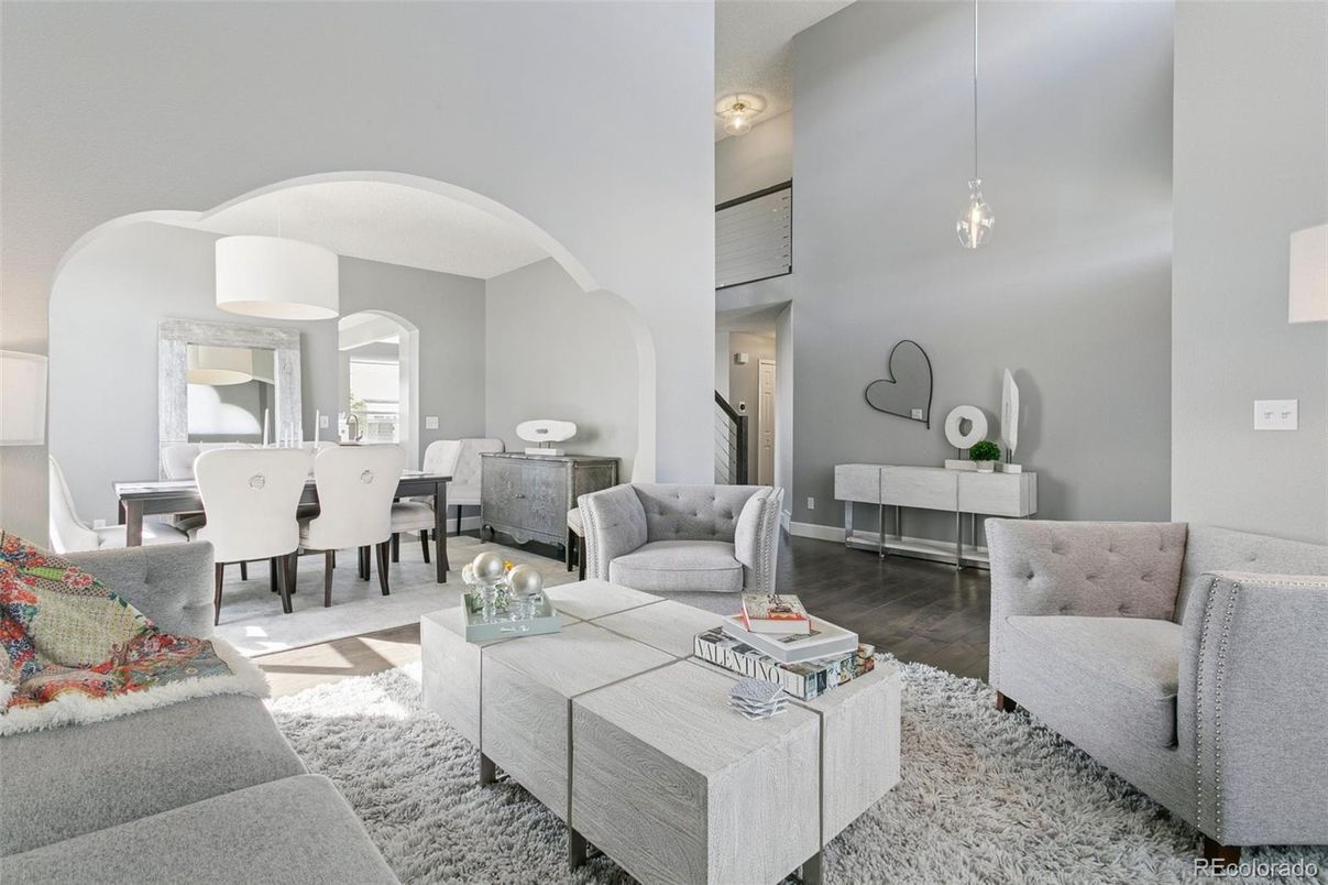 Dining room, Interior, Living room, Pendant Lights, Wood Texture Flooring