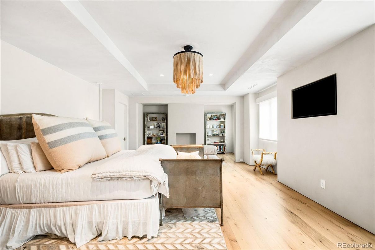 Bedroom, Chandelier, Interior, Recessed Lighting, Wood Texture Flooring