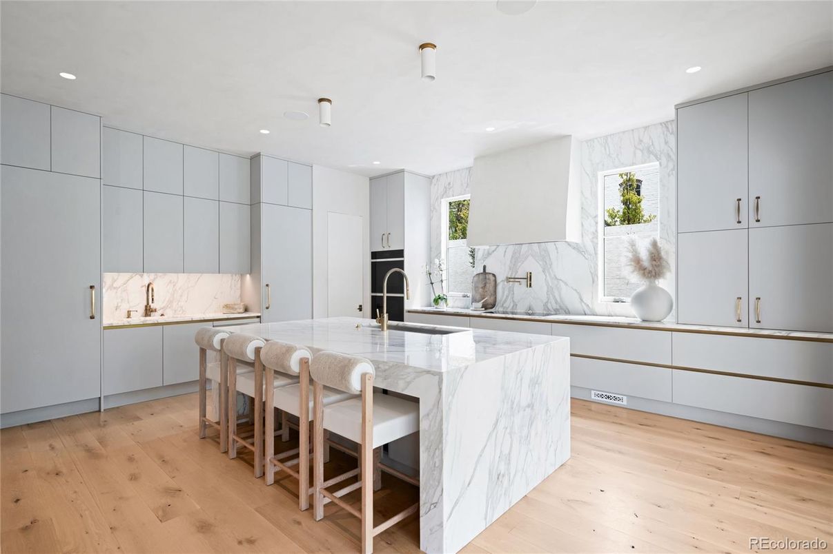 Interior, Kitchen, Marble Walls, Recessed Lighting, Wood Texture Flooring