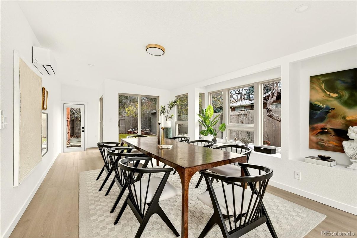 Dining room, Interior, Recessed Lighting, Wood Texture Flooring