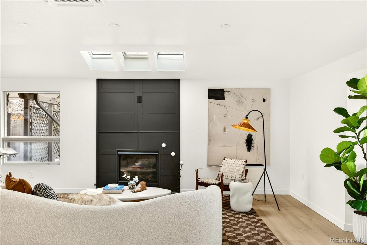 Fireplace, Interior, Living room, Recessed Lighting, Wood Texture Flooring