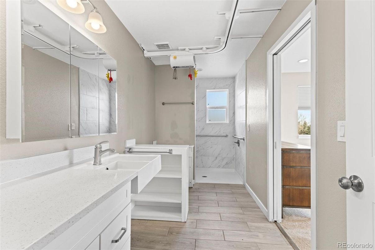 Bathroom, Interior, Marble Walls, Wood Texture Flooring