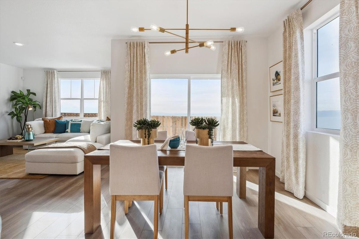 Dining room, Interior, Living room, Pendant Lights, Recessed Lighting, Water, Wood Texture Flooring