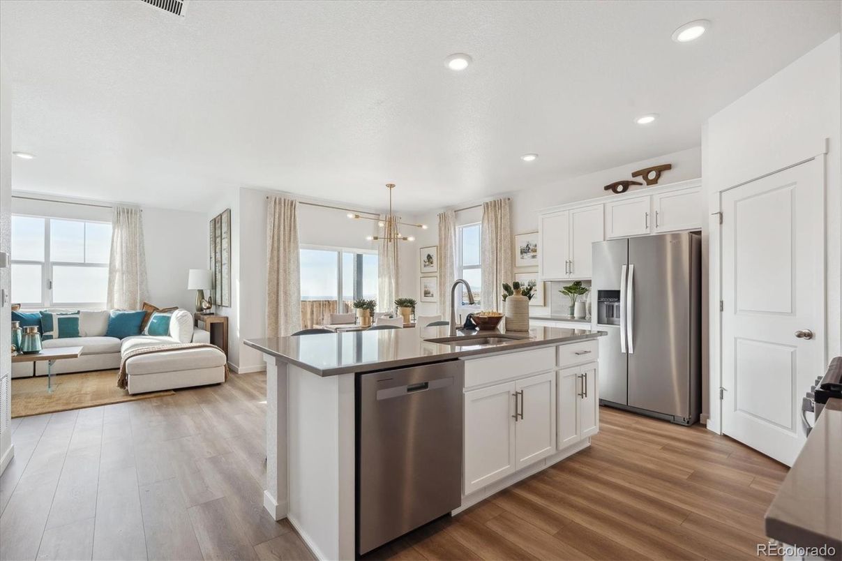 Interior, Kitchen, Living room, Pendant Lights, Recessed Lighting, Stainless Steel Appliances, Wood Texture Flooring