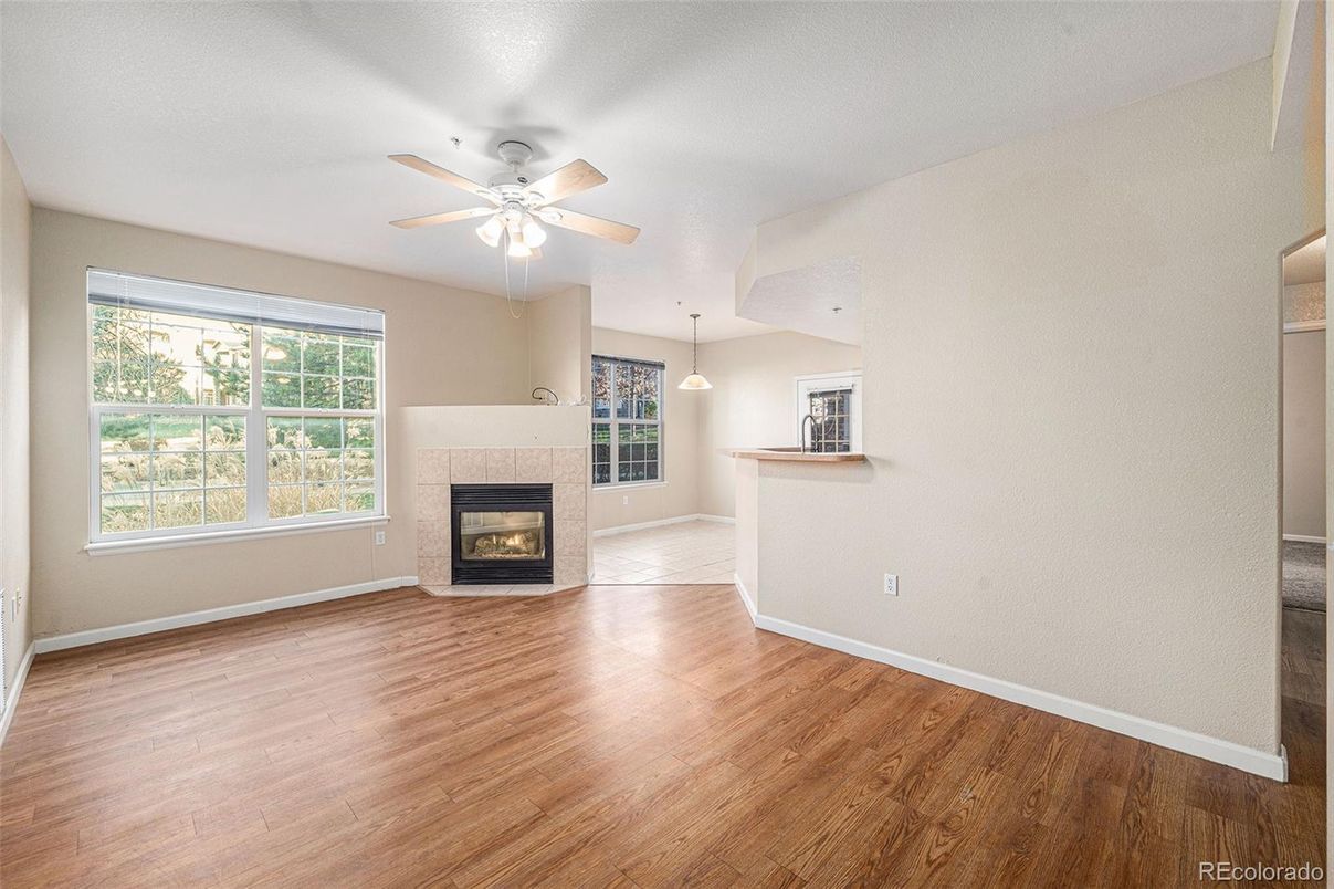 Empty room, Fireplace, Interior, Pendant Lights, Wood Texture Flooring