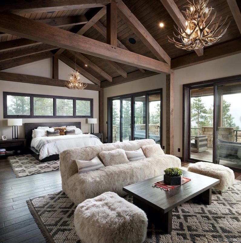 Bedroom, Chandelier, Interior, Living room, Recessed Lighting, Wooden Beams, Wooden Ceilings, Wood Texture Flooring