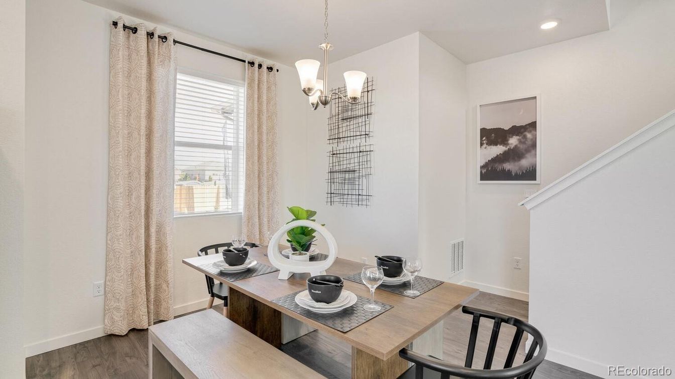 Dining room, Interior, Pendant Lights, Recessed Lighting, Wood Texture Flooring
