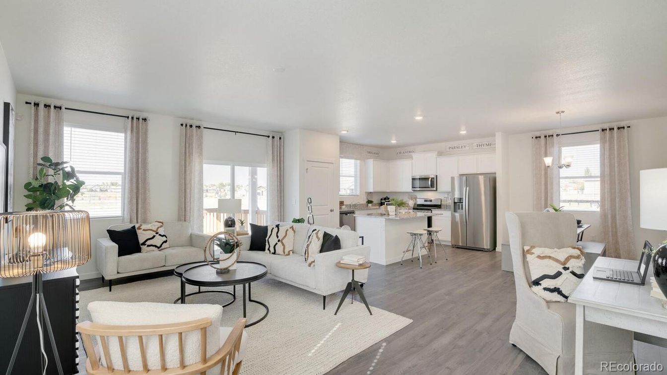 Interior, Kitchen, Living room, Pendant Lights, Recessed Lighting, Stainless Steel Appliances, Wood Texture Flooring