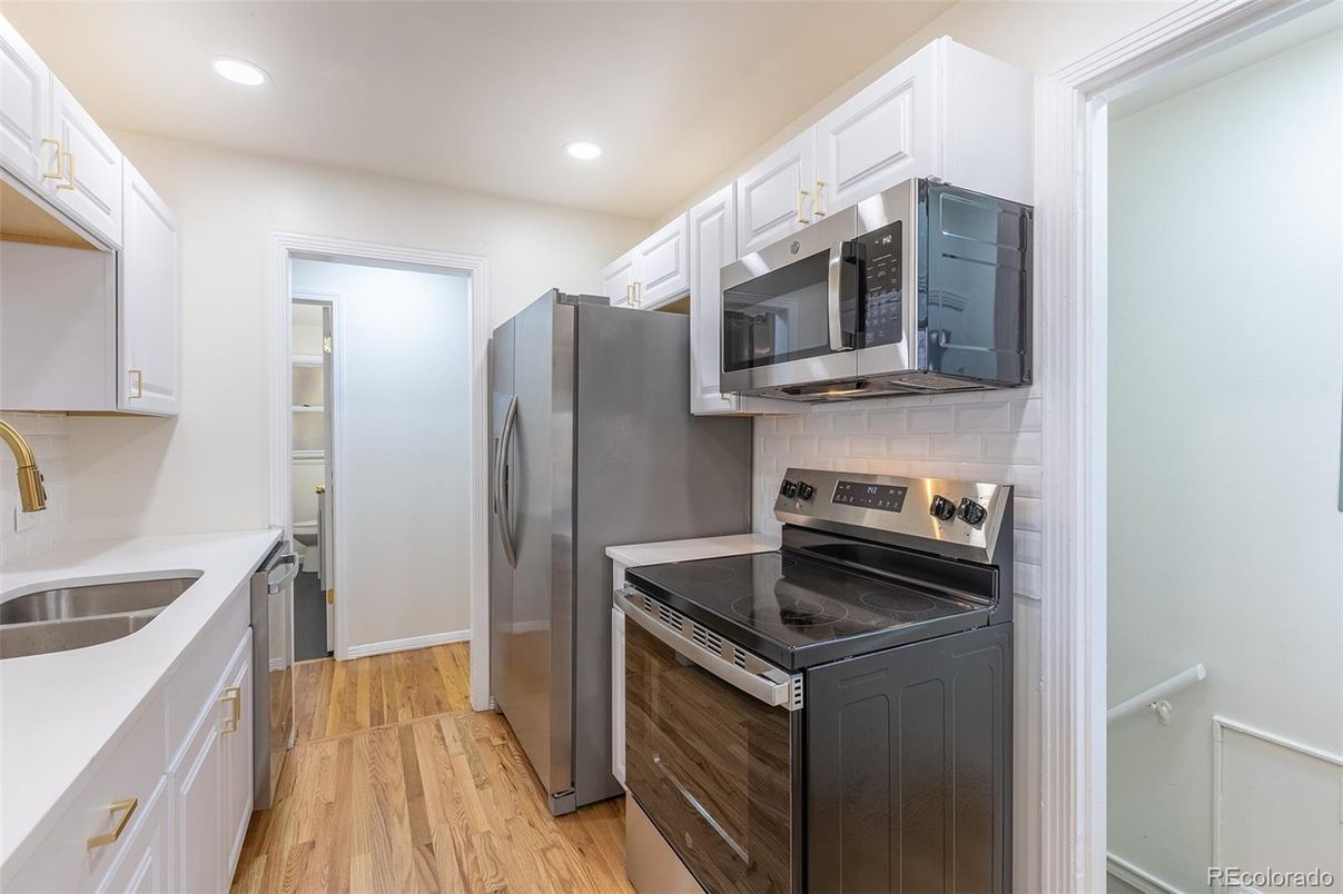 Interior, Kitchen, Recessed Lighting, Stainless Steel Appliances, Wood Texture Flooring