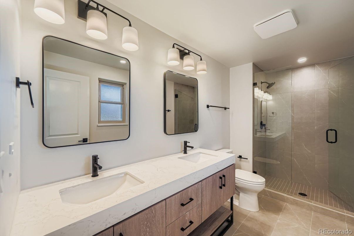 Bathroom, Dual Sink Vanities, Glass Shower, Interior, Recessed Lighting