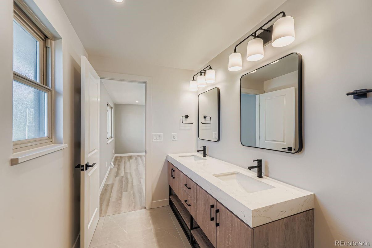 Bathroom, Dual Sink Vanities, Interior, Recessed Lighting, Wood Texture Flooring