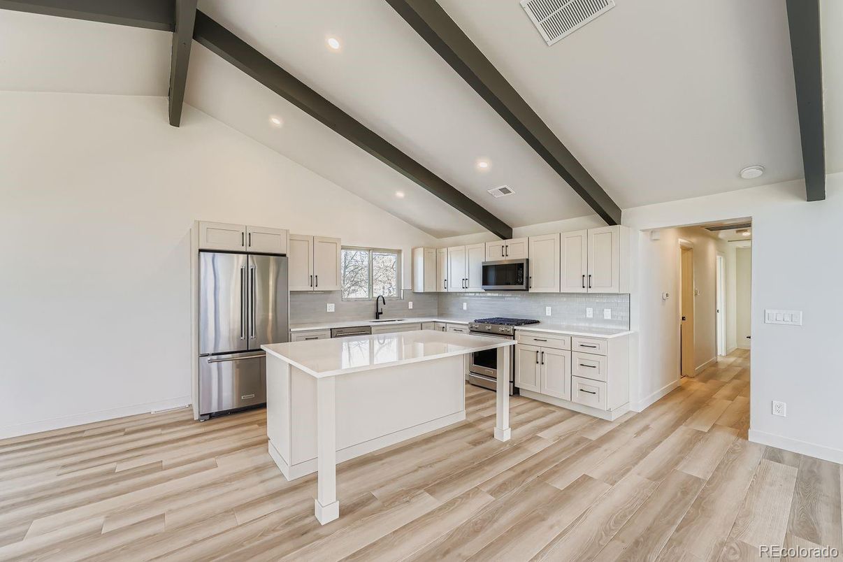 Interior, Kitchen, Recessed Lighting, Stainless Steel Appliances, Wooden Beams, Wood Texture Flooring