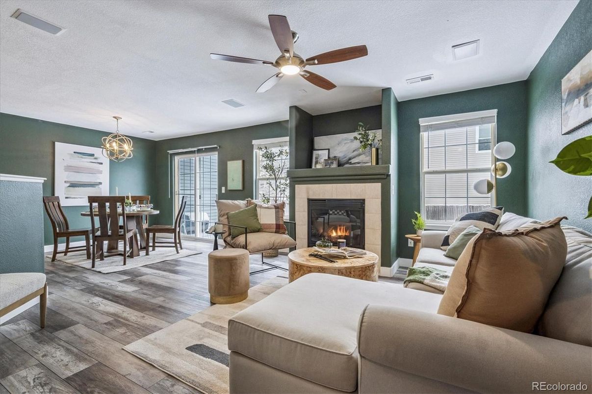 Dining room, Fireplace, Interior, Living room, Pendant Lights, Wood Texture Flooring