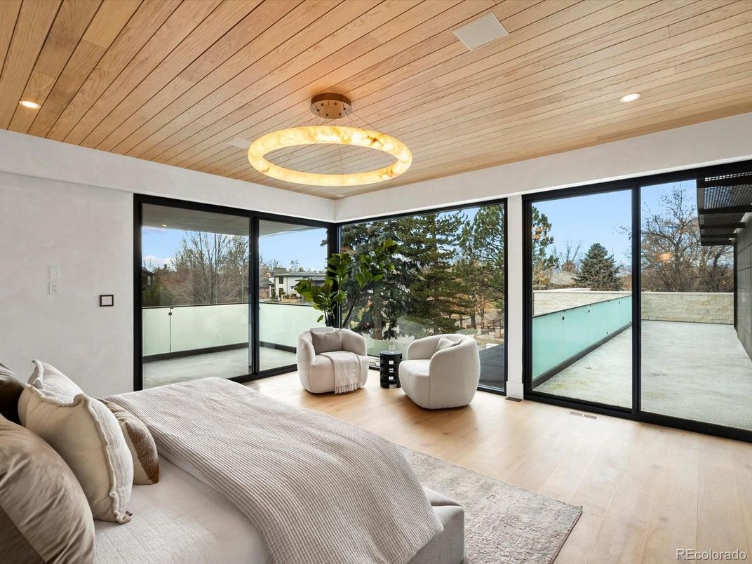 Bedroom, Interior, Pendant Lights, Recessed Lighting, Wooden Ceilings, Wood Texture Flooring