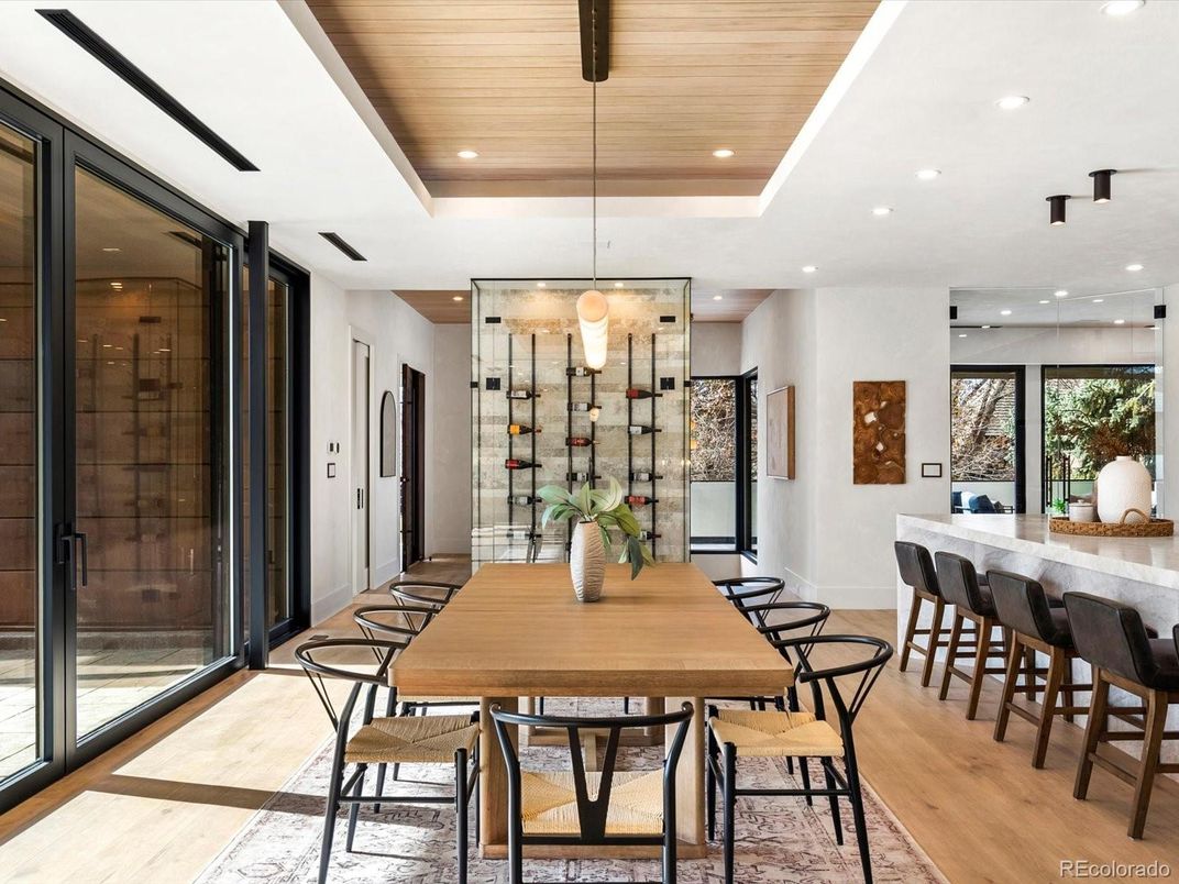 Dining room, Interior, Pendant Lights, Recessed Lighting, Wine Storage, Wooden Ceilings, Wood Texture Flooring
